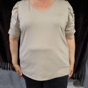 Inc Ruched Shirred Sleeve Taupe Top 3X